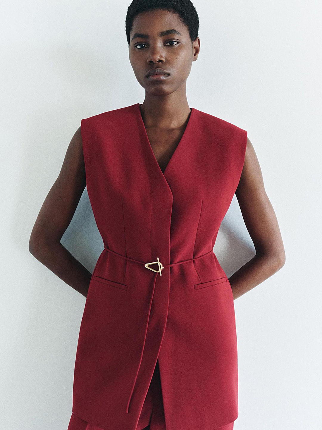 

LULU & SKY Women V - Neck Wrap Longline Top, Red
