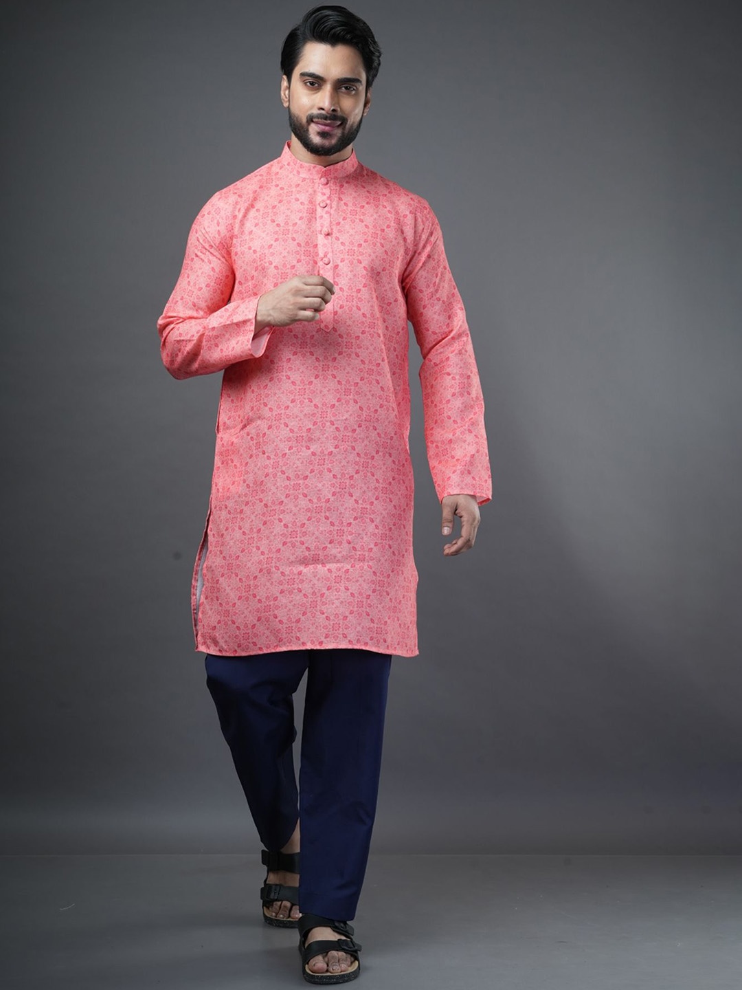 

ARYA Mandarin Collar Floral Printed Linen Straight Kurta, Pink