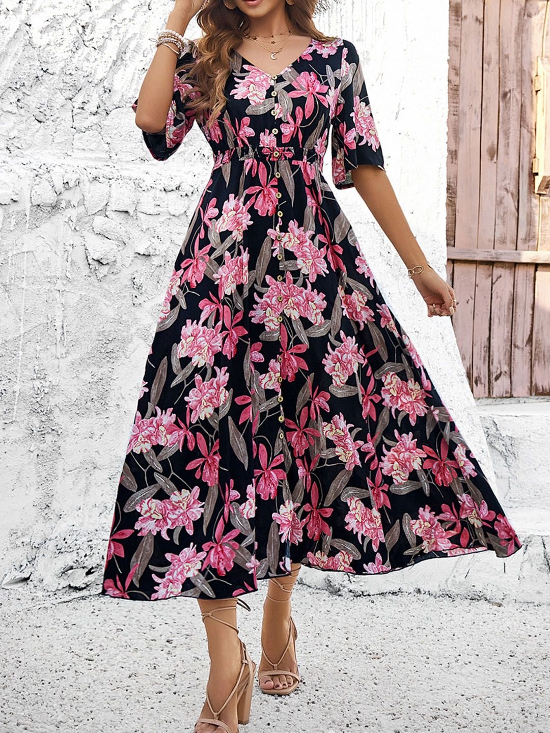 

StyleCast Women Floral Printed Fit & Flare Midi Dress, Black