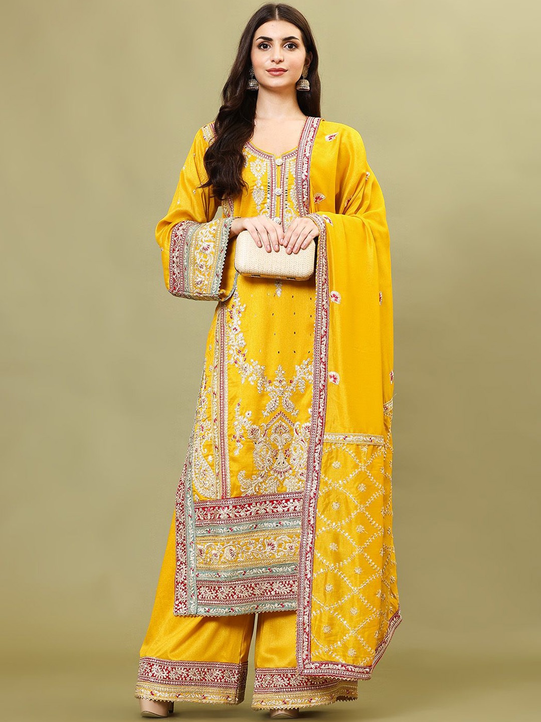 

Meena Bazaar Ethnic Motifs Embroidered Georgette Straight Kurta with Palazzos & Dupatta, Yellow