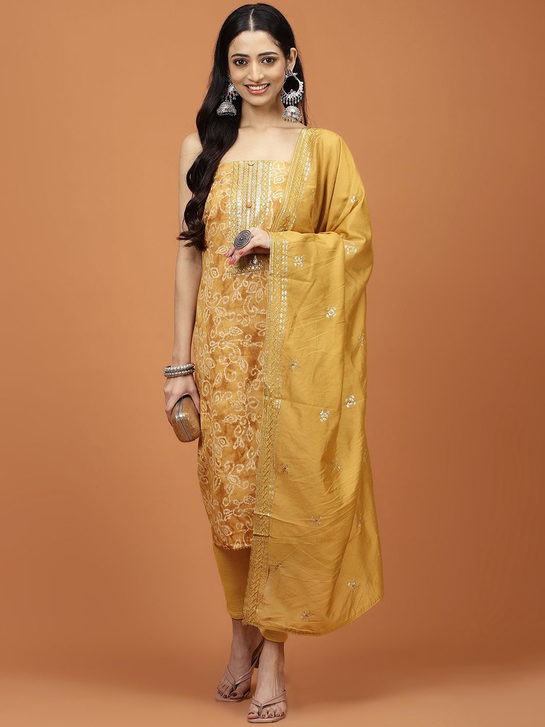 

Meena Bazaar Printed Sequinned Unstitched Dress Material, Mustard