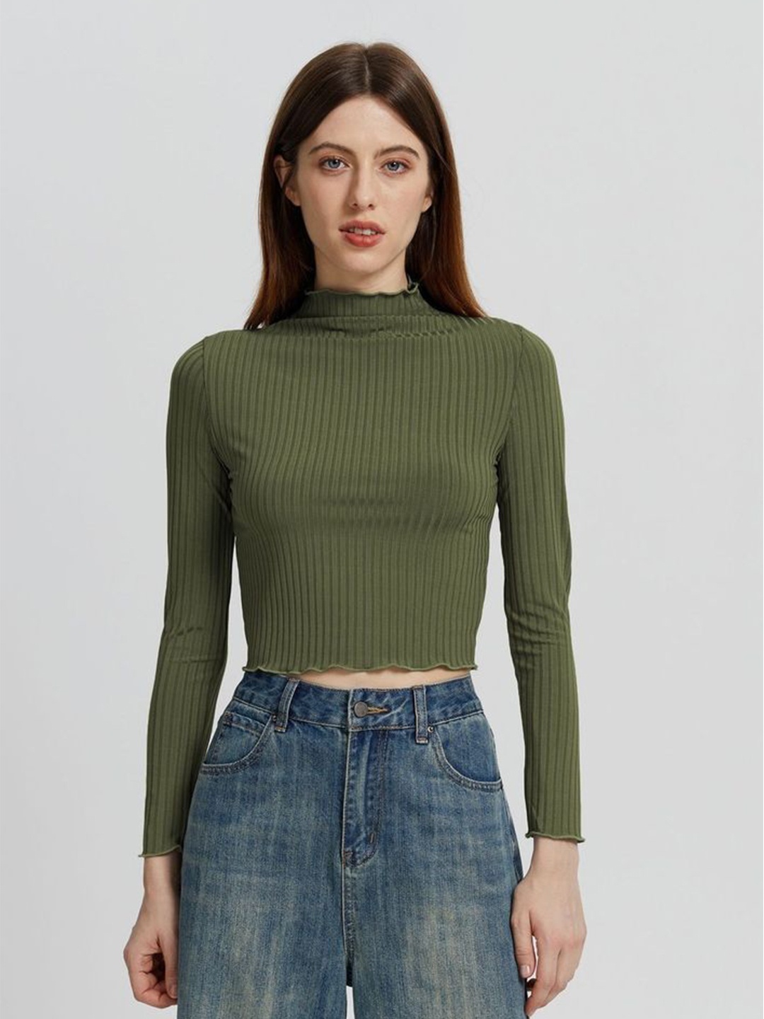 

LULU & SKY Women Solid High Neck Long Sleeves Fitted Top, Green