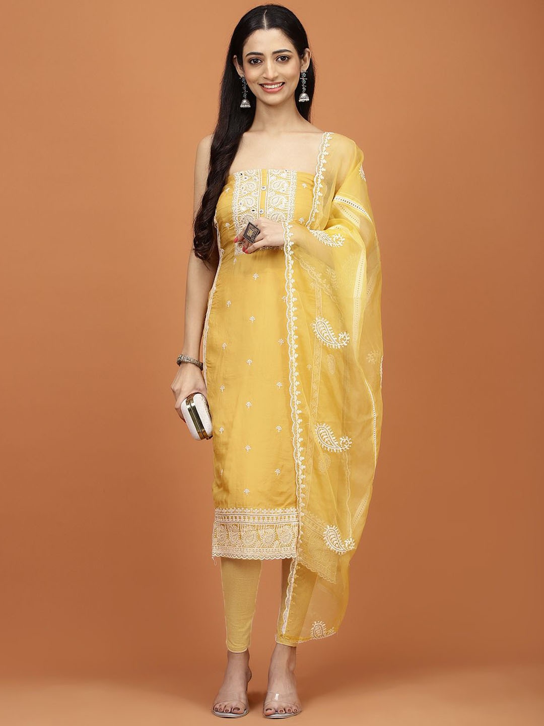 

Meena Bazaar Floral Embroidered Organza Unstitched Dress Material, Mustard