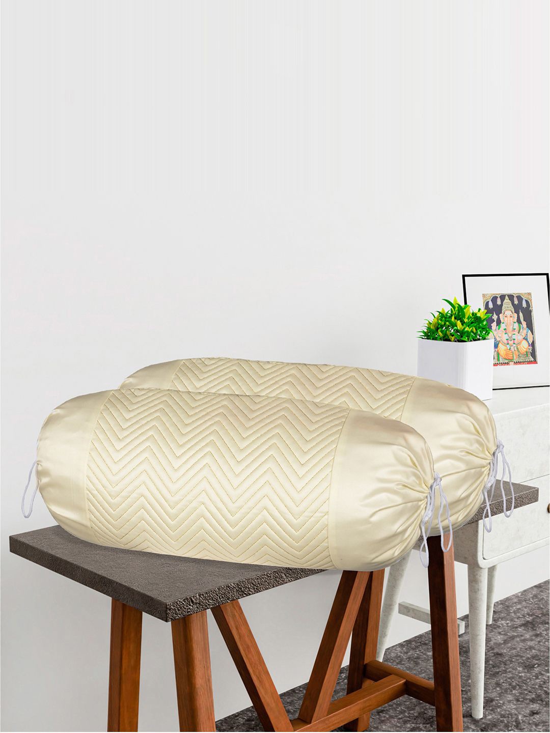 

Kuber Industries Cream 6 Pieces Self Design Zig-Zag Bolster Covers