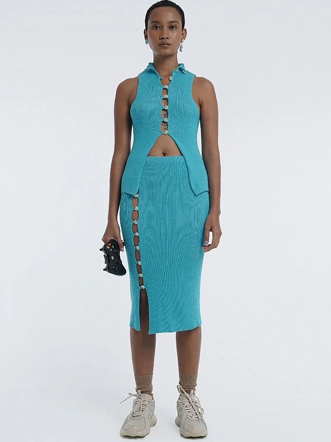 

LULU & SKY Ribbed Cotton Front Slit Vest Top, Blue