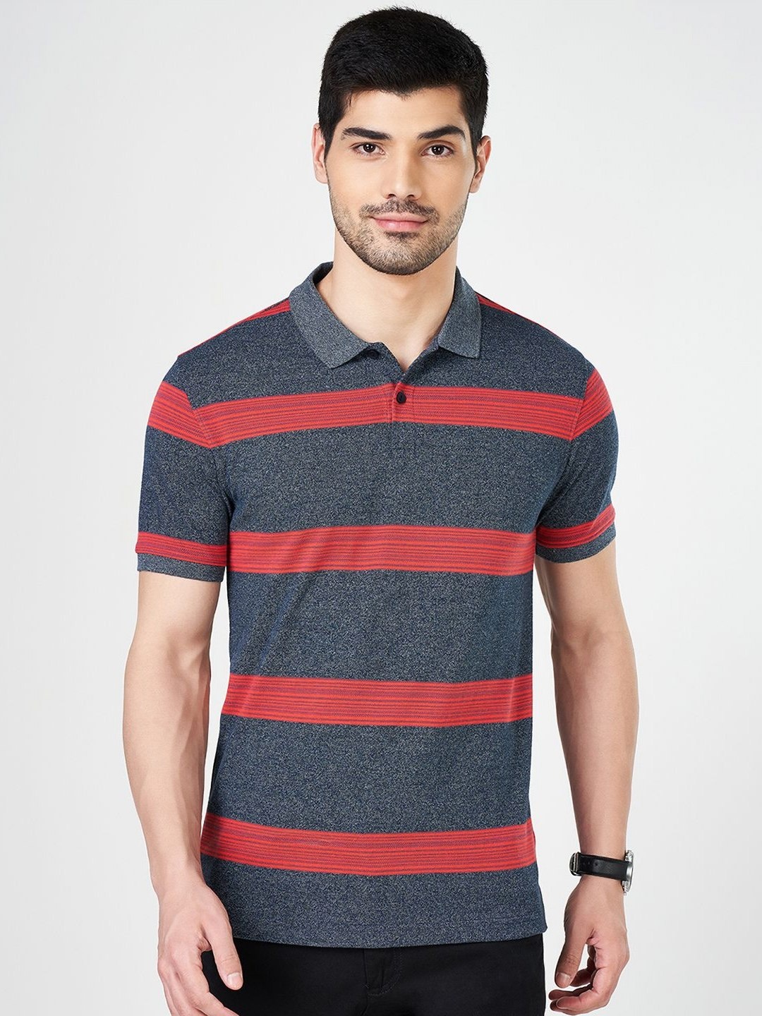 

BYFORD by Pantaloons Men Striped Polo Collar Regular Fit Casual T-shirt, Grey
