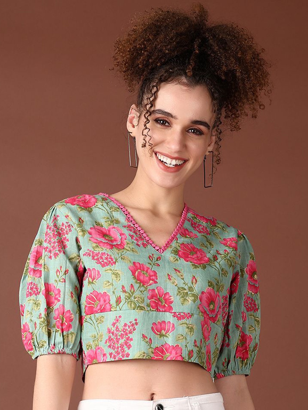 

V-Mart Women Floral Printed Puff Sleeves Cotton Top, Green