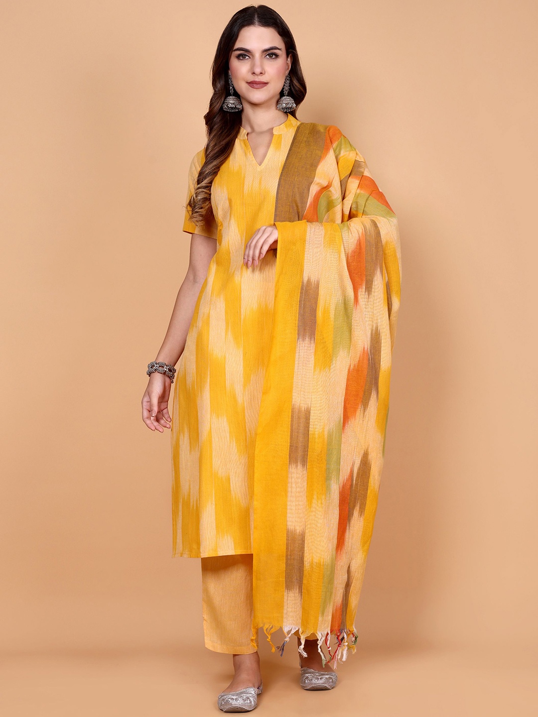 

Vastara the Label Ikat Printed Organic Cotton Straight Kurta With Trousers & Dupatta, Yellow