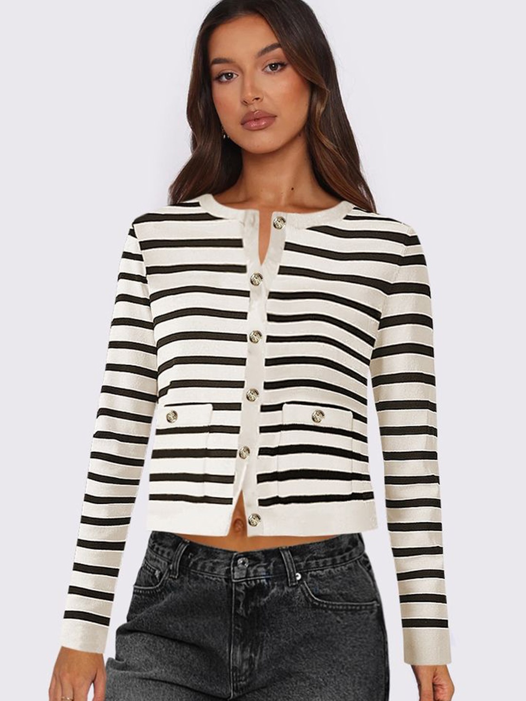 

LULU & SKY Women Striped Long Sleeves Round Neck Cardigan Sweaters, Beige