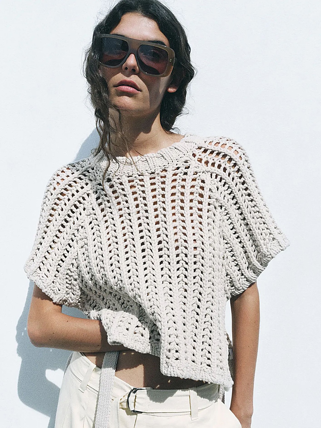 

LULU & SKY Women Extended Sleeves Hollow-knit Boxy Top, White