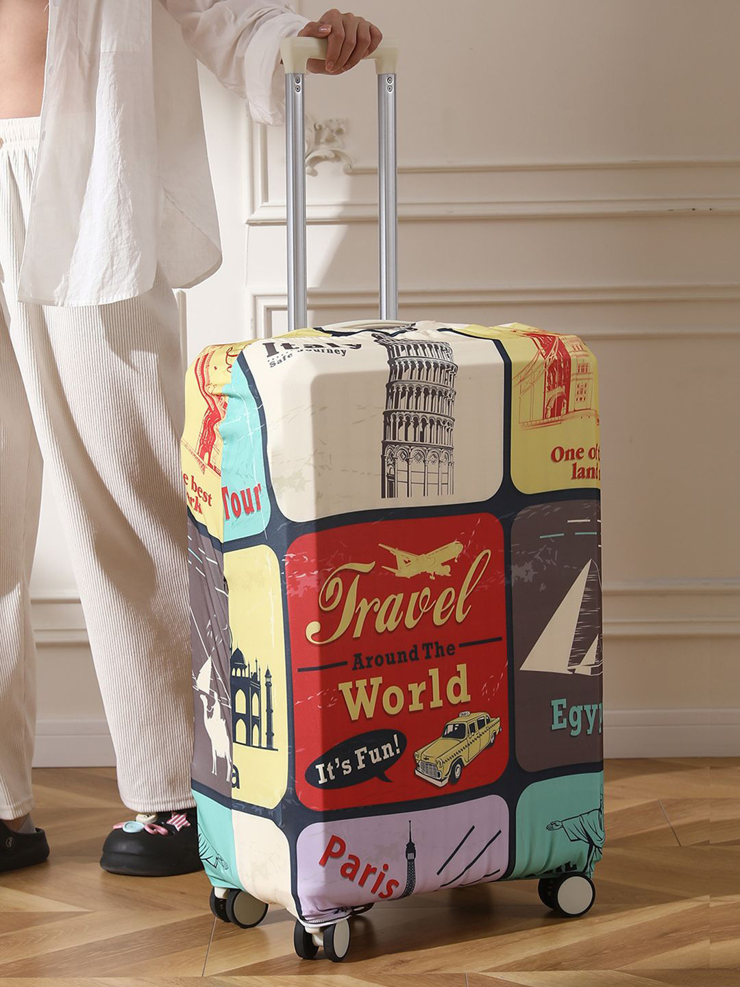

HOKIPO Graphic Travel World Printed Small Trolley Suitcase Cover, White