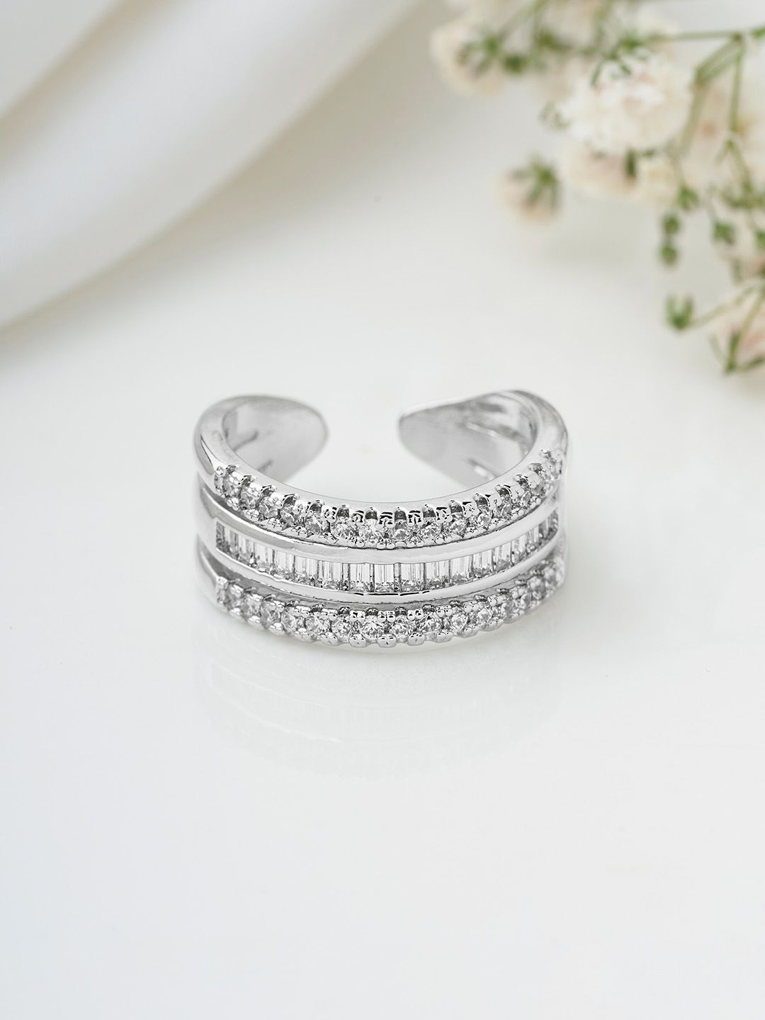 

JOKER & WITCH Silver-Plated Stone-Studded Prismatic Band Adjustable Finger Ring
