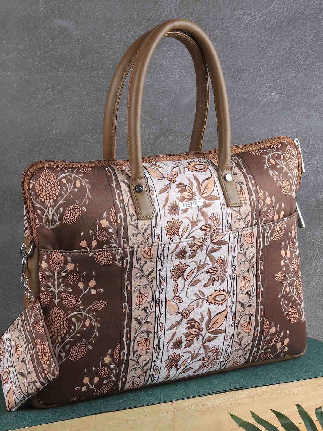 

Metro Women Floral Printed Structured Handheld Bag With Pouch, Brown