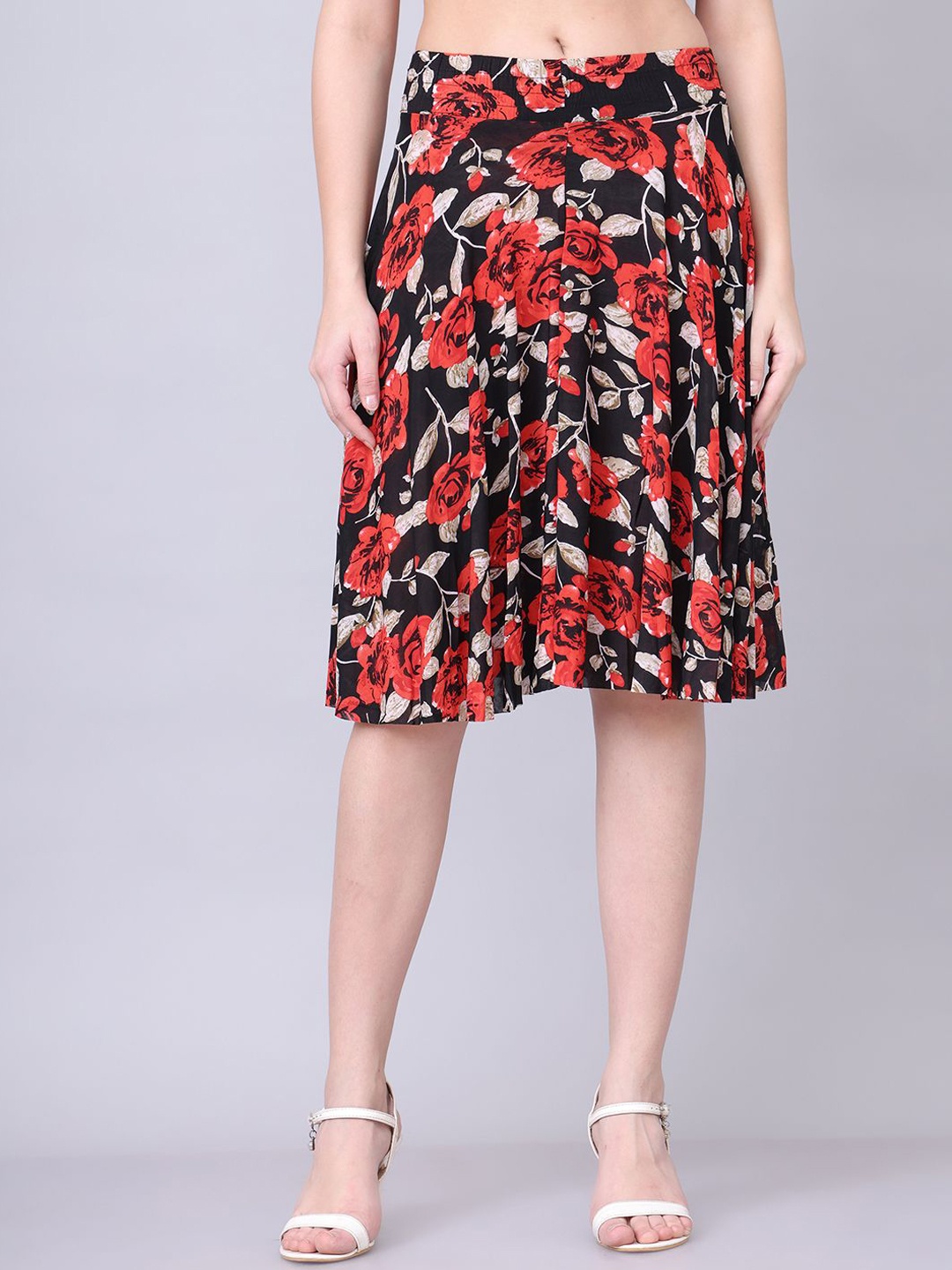 

GRACIT Women Floral Printed Flared Midi Skirts, Red