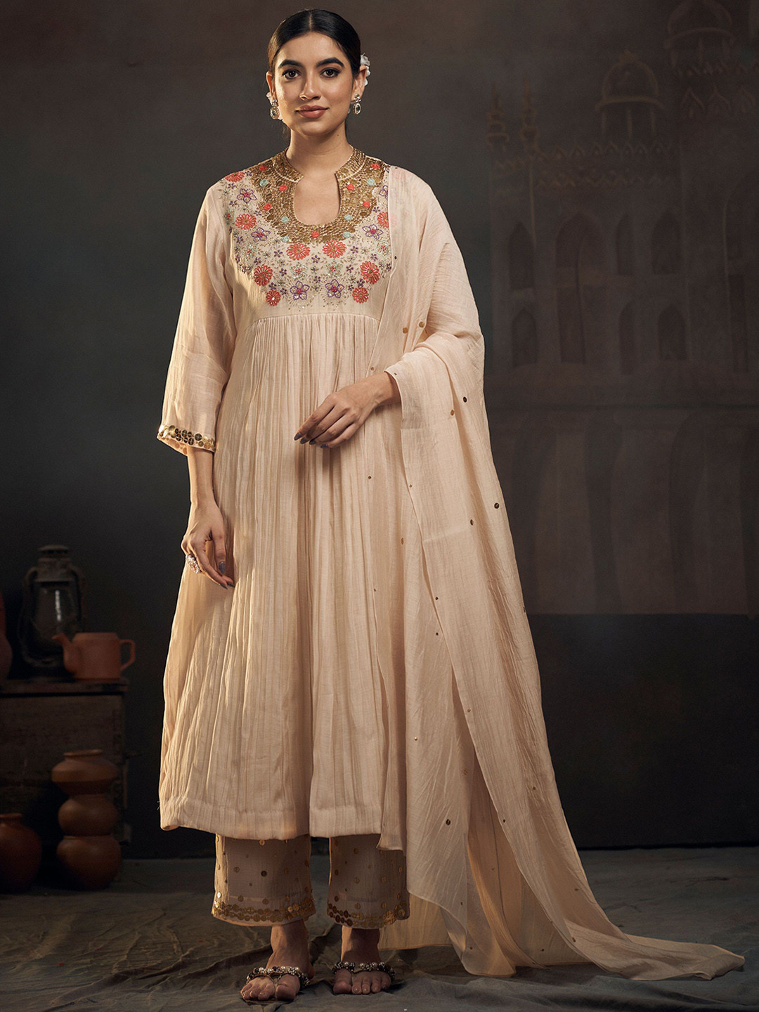 

HIRIKA&DHRUTI Women Embroidered Chanderi Silk Kurta with Harem Pants & With Dupatta, Beige