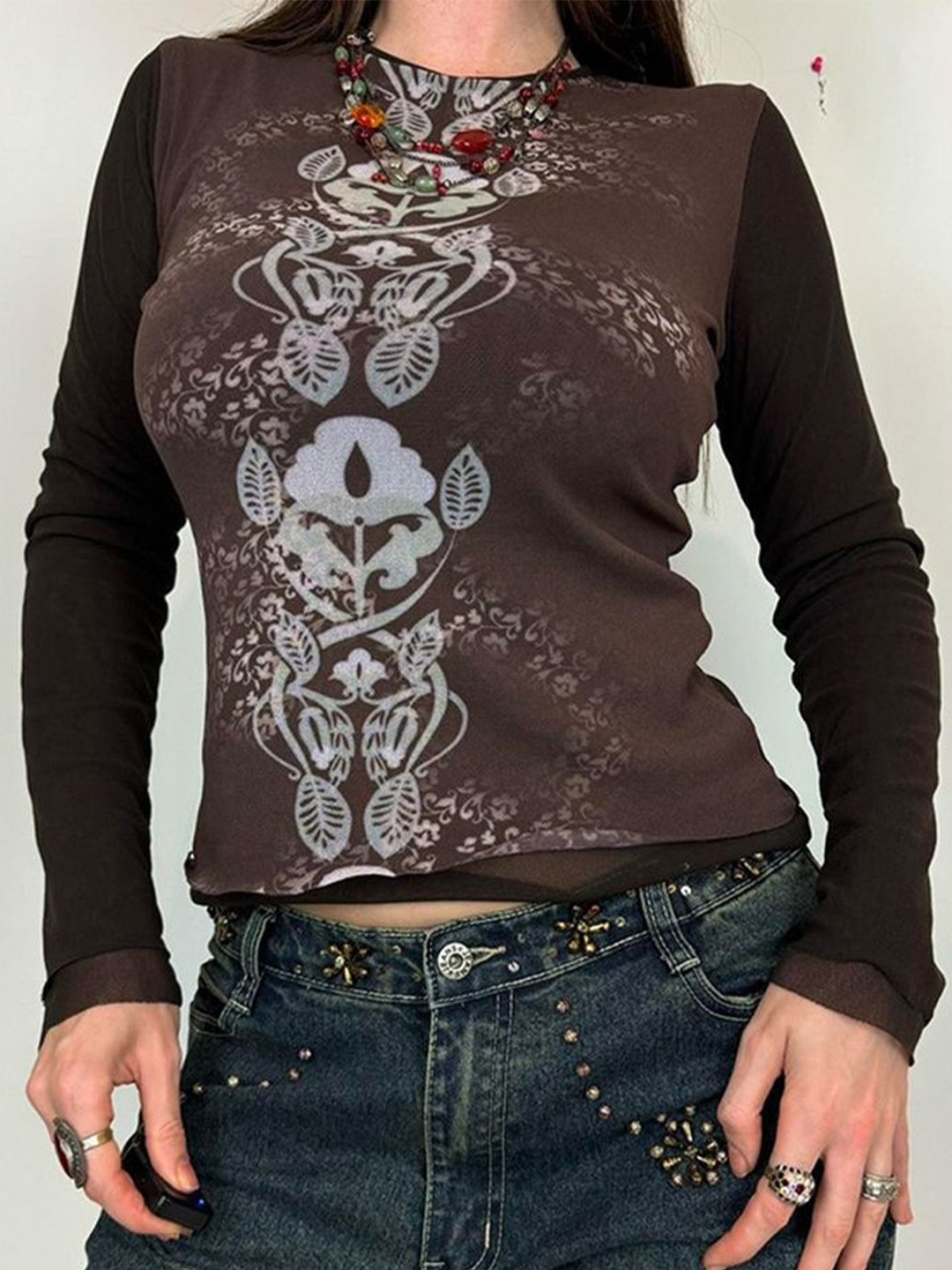 

LULU & SKY Printed Round Neck Crop Top, Brown