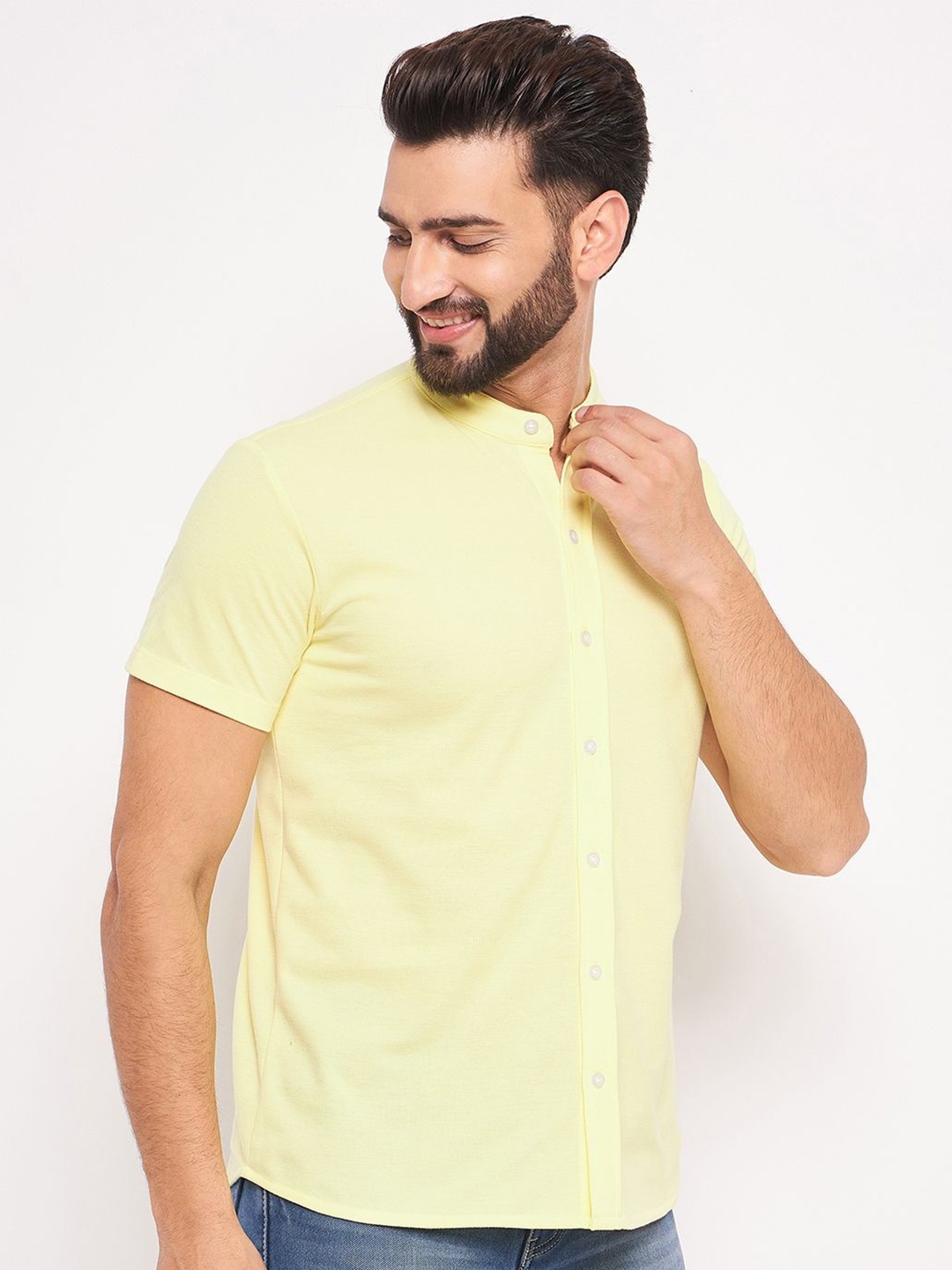 

GET GOLF Men Band Collar Solid Cotton Casual Shirt, Yellow