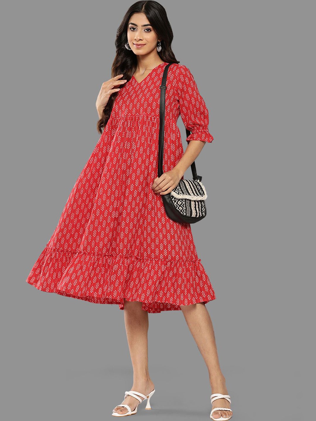 

KALINI Women Ethnic Motifs Printed Pure Cotton V-neck Cuffed Sleeve Fit & Flare Midi Dress, Red