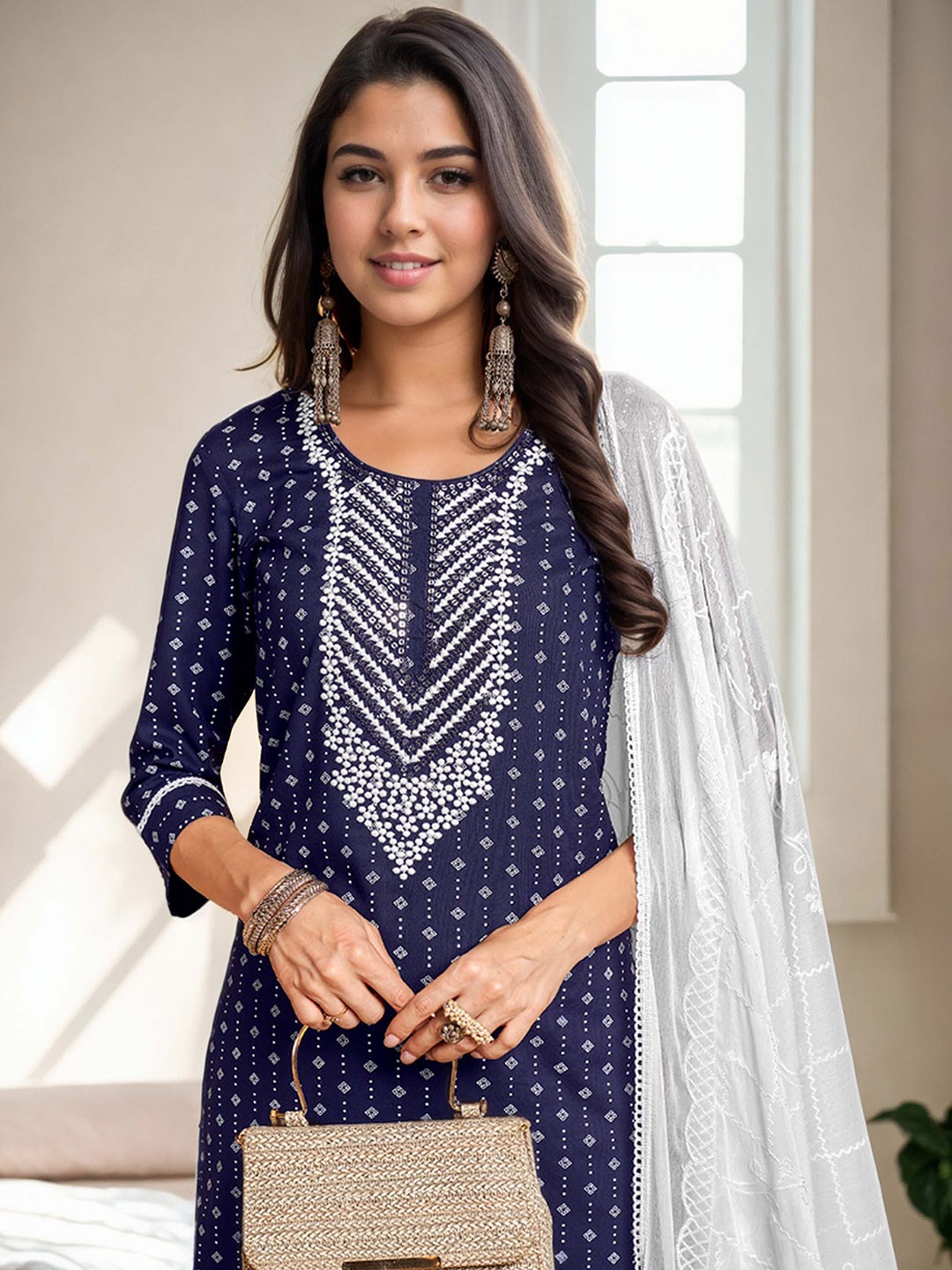 

Anouk Navy Blue Floral Embroidered Straight Kurta With Harem Pants & Dupatta