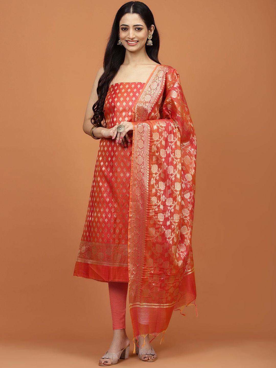 

Meena Bazaar Ethnic Motifs Woven Design Zari Chanderi Unstitched Dress Material, Rust