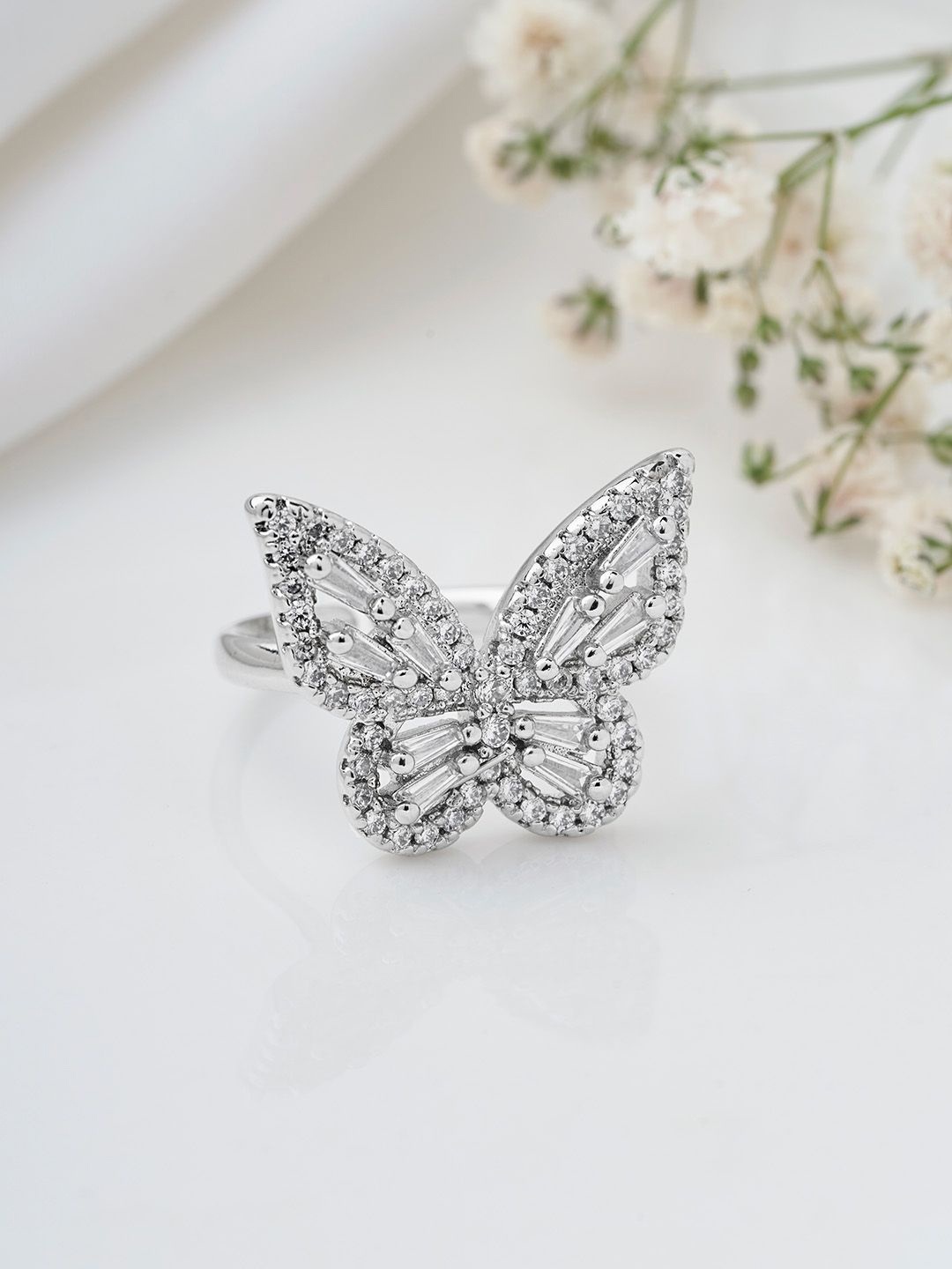 

JOKER & WITCH Silver-Plated Stone-Studded Butterfly Shaped Adjustable Finger Ring