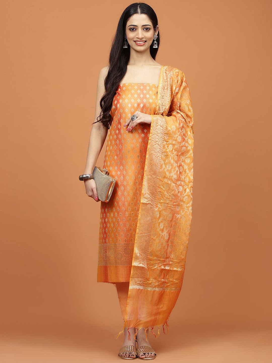 

Meena Bazaar Ethnic Motifs Woven Design Zari Chanderi Unstitched Dress Material, Orange