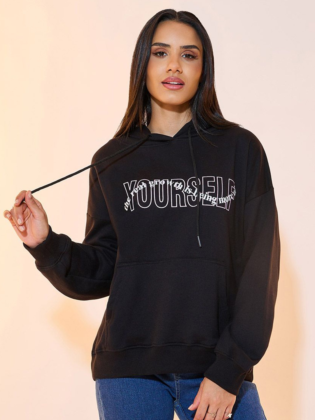 

Styli Women Oversized Fit Regular Length Slogan Print Hoodie, Black