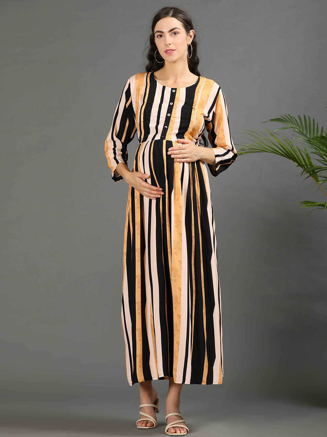 

GOLDSTROMS Women Striped Print Maternity Dress, Yellow