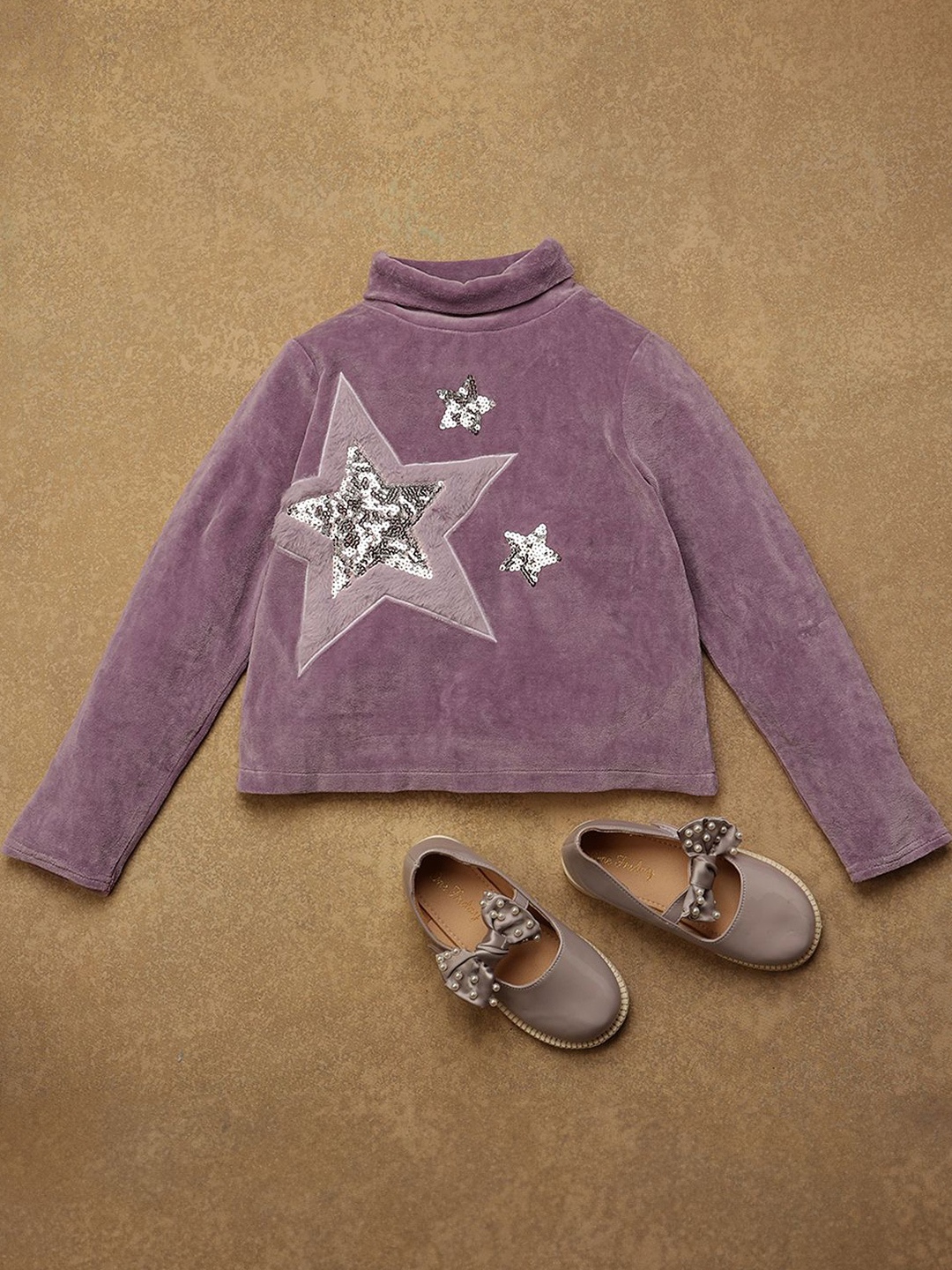 

One Friday Girls Graphic Sequined Cotton Regular Top, Purple