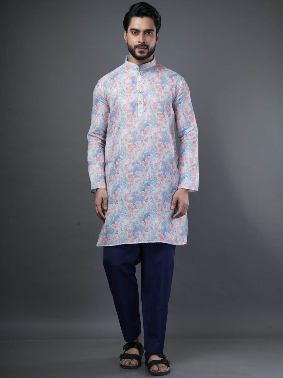 

ARYA Mandarin Collar Floral Printed Linen Straight Kurta, White