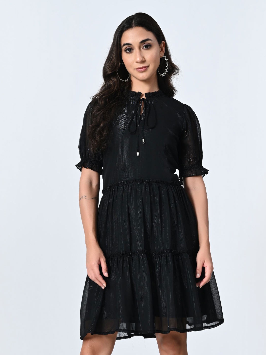 

BAESD Women Tie-Up Neck A-Line Dress, Black