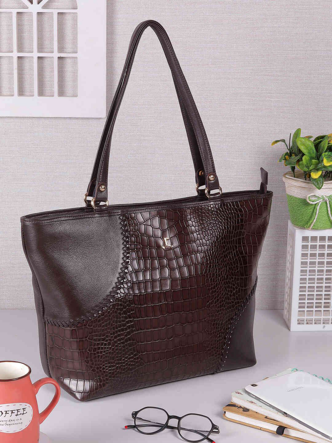 

Mochi Women Textured Structured Leather Shoulder Bag, Brown