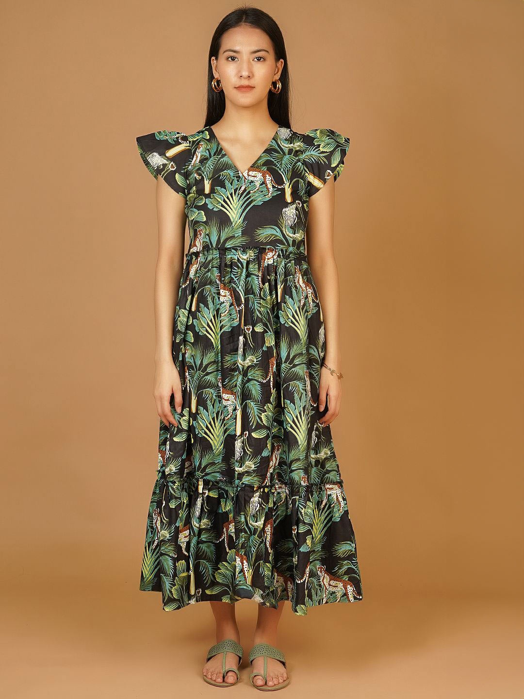 

INDOPHILIA Women Cotton Tropical Printed Tiered Maxi Dress, Black