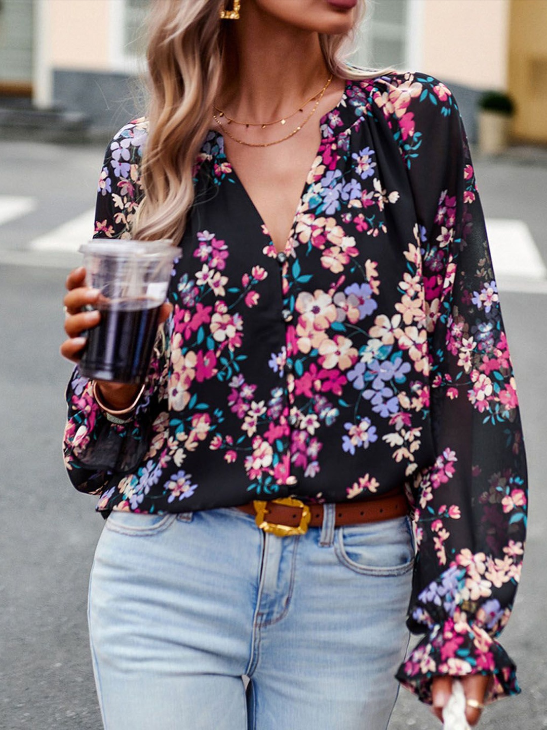 

StyleCast Women Floral Printed Blouson Regular Top, Black
