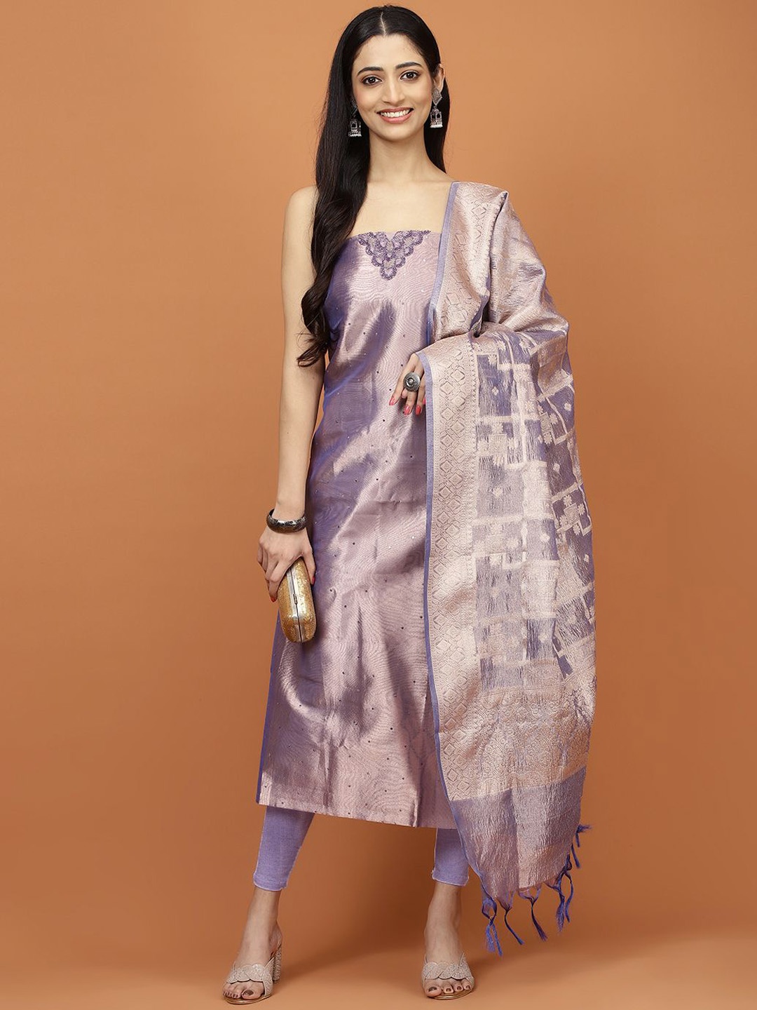 

Meena Bazaar Embroidered Sequinned Tissue Unstitched Dress Material, Purple