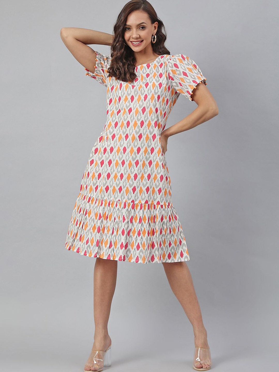 

KALINI Women's Pure Cotton Printed A-line Western Dress, Off white