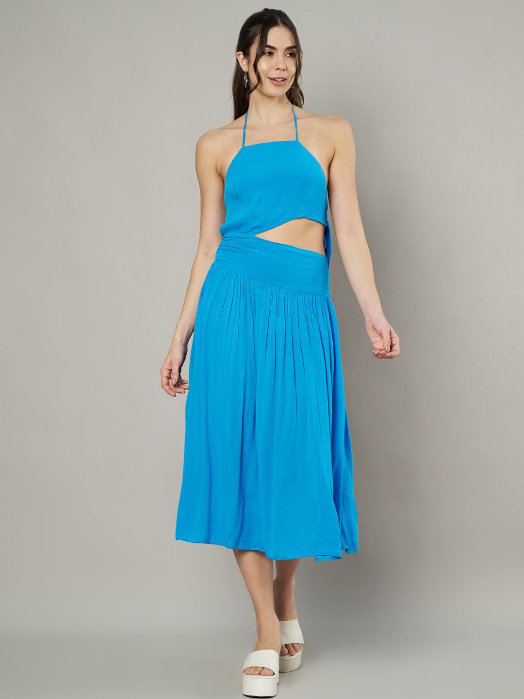 

Amagyaa Cotton Solid Halter Neck Backless Fit & Flare Midi Dress With Cut-Outs Details, Blue