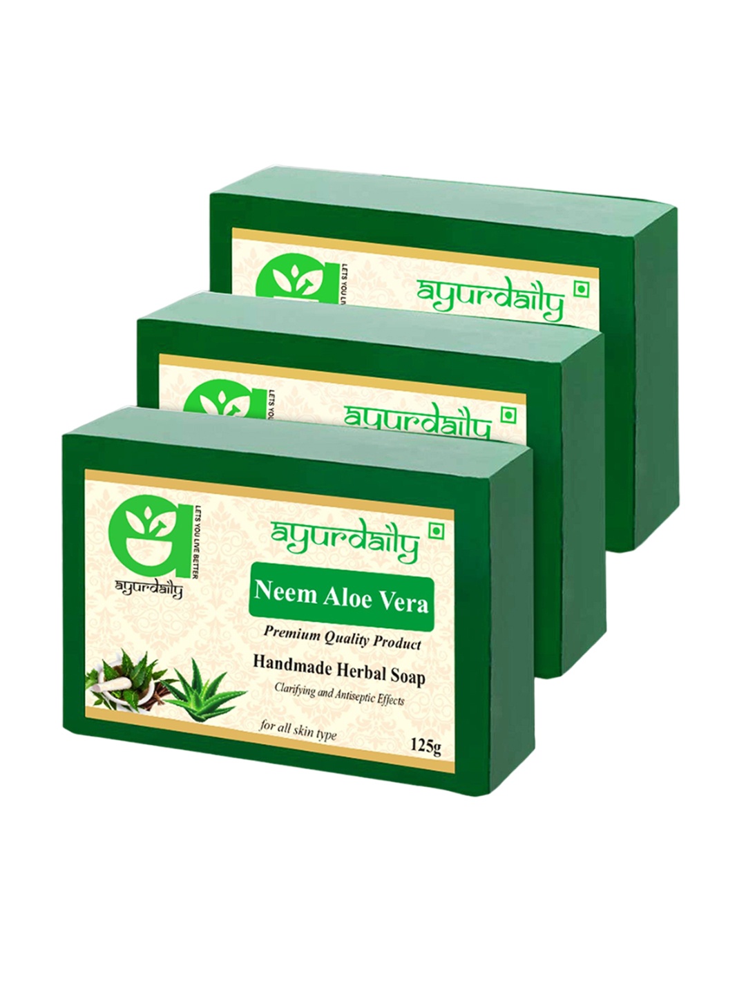 

Ayurdaily Set Of 3 Handmade Herbal Neem & Aloevera Bath Soap- 125 g Each, Green