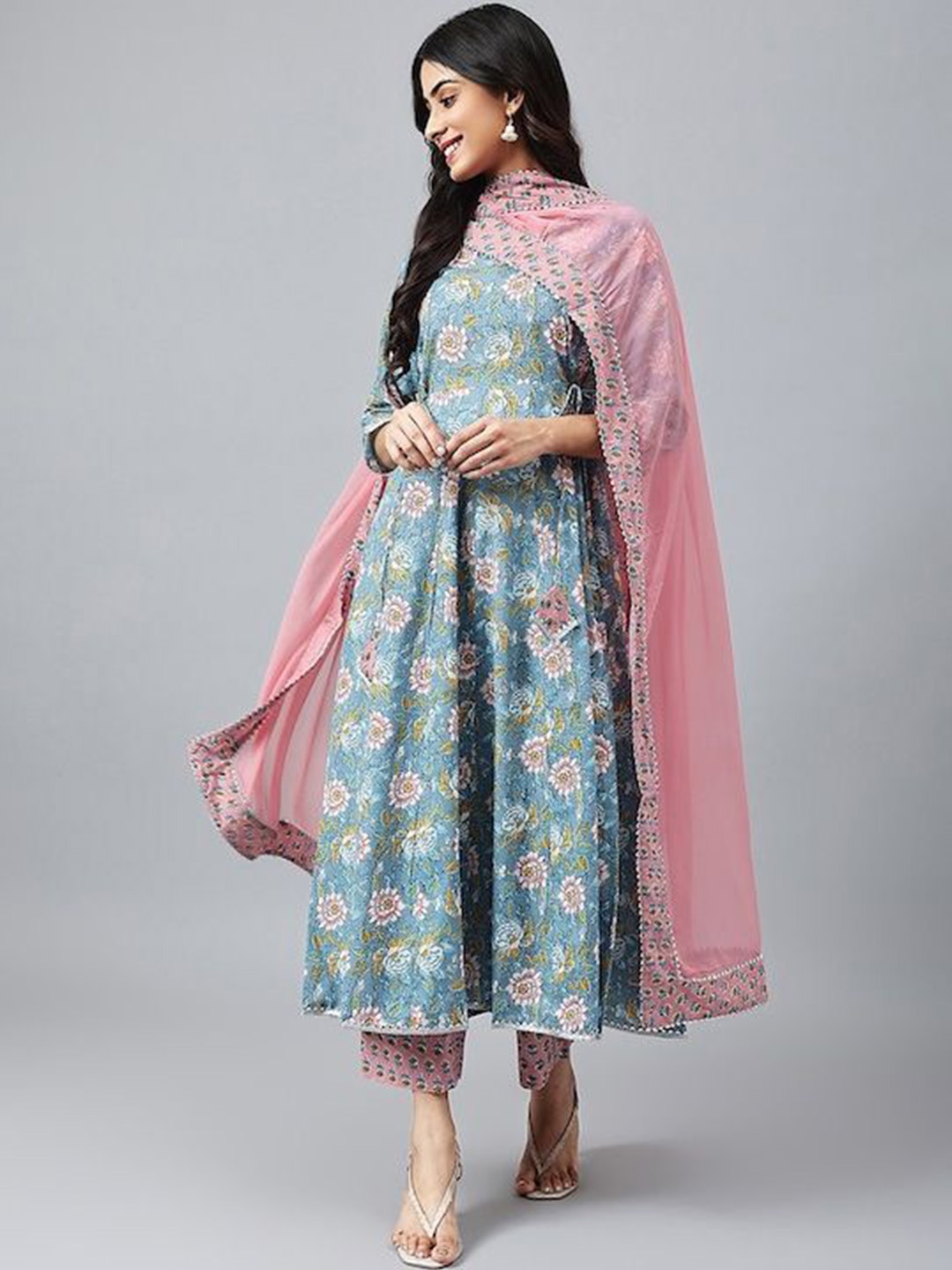 

KALINI Women Floral Printed Angrakha Gotta Patti Kurta with Trousers & With Dupatta, Blue