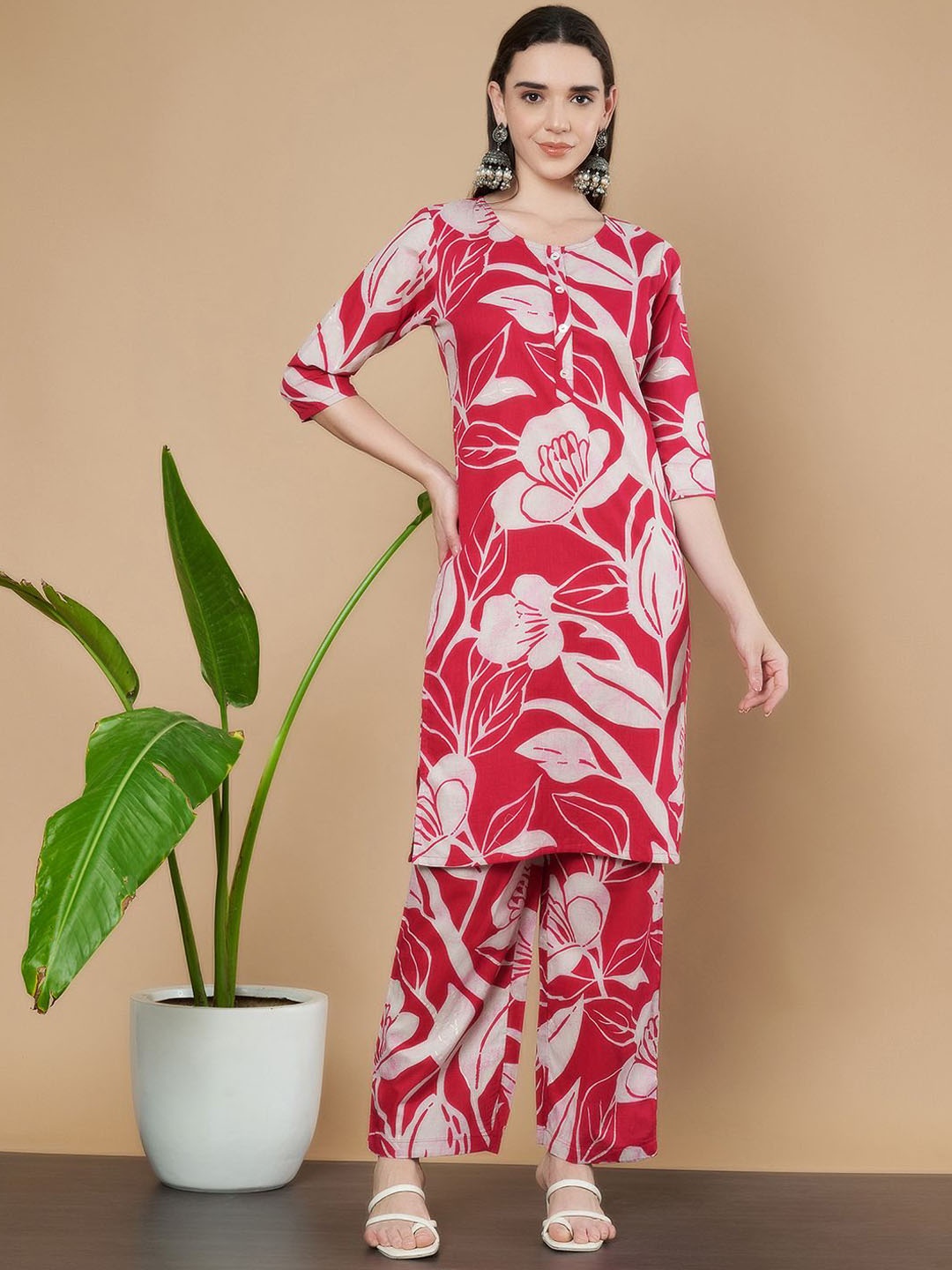 

KALINI Round Neck Floral Printed Pure Cotton Straight Kurta with Palazzos, Red