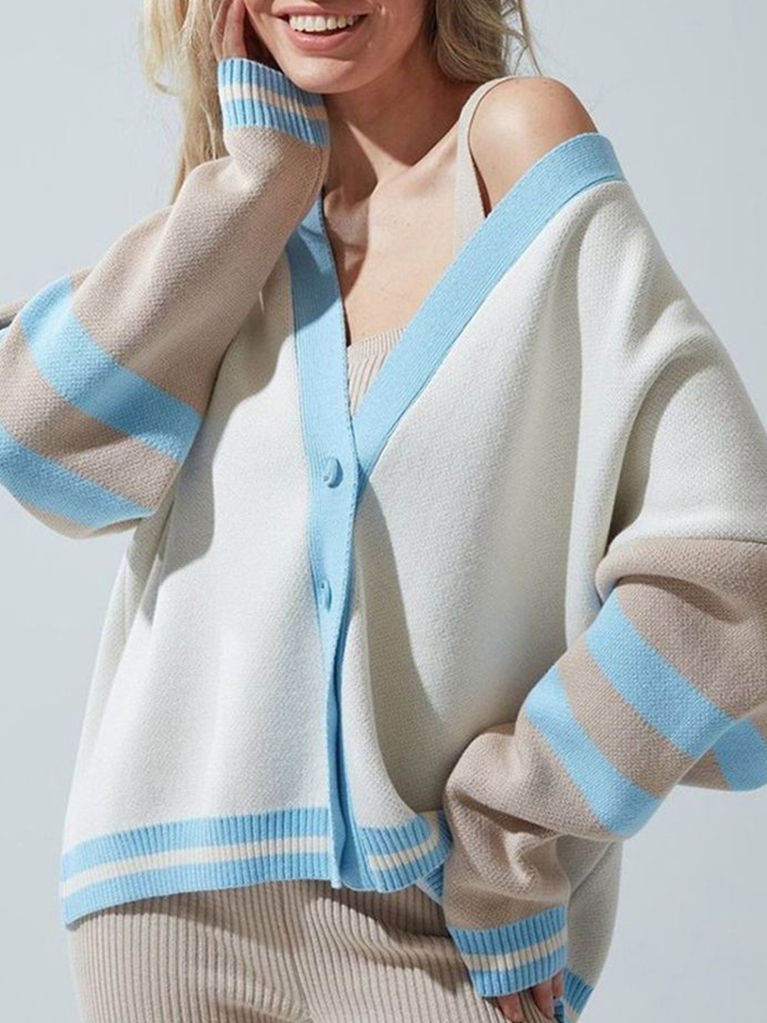 

LULU & SKY Women Long Sleeves Striped Cardigan, Blue