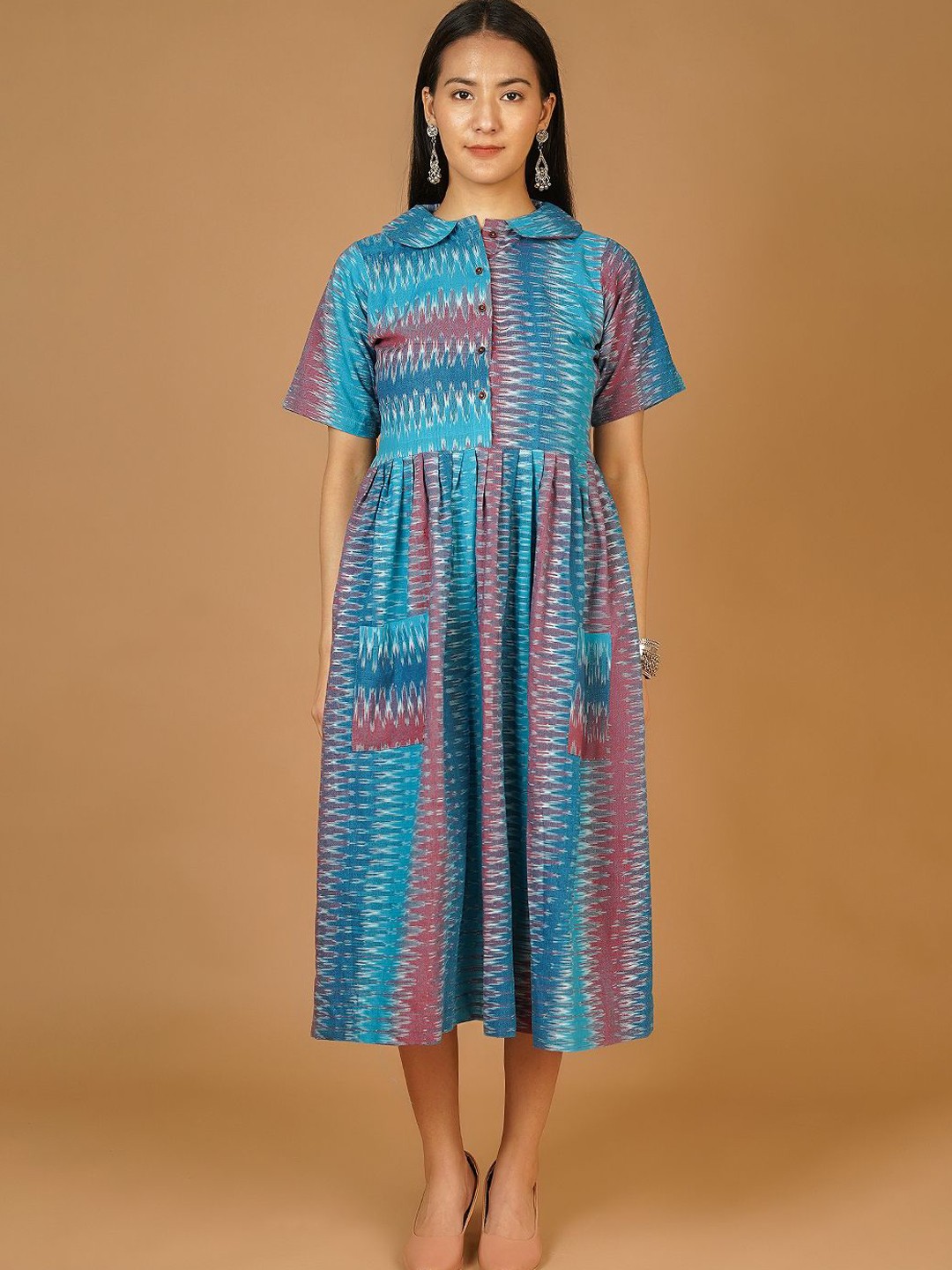 

INDOPHILIA Women Geometric Printed Gathered or Pleated A-Line Cotton Midi Dress, Blue