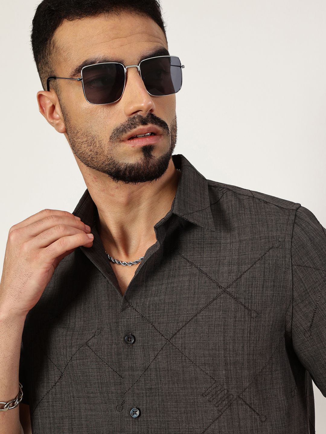 

Thomas Scott Men Premium Spread Collar Checked Slim Fit Casual Shirt, Grey