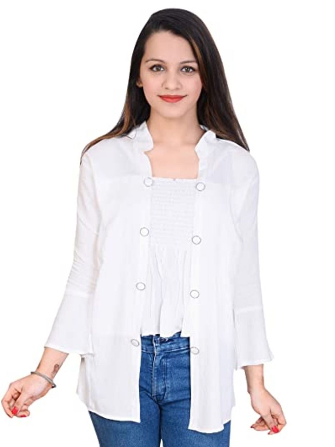 

SNIFFY Girls Mandarin Collar Bell Sleeves Top, White