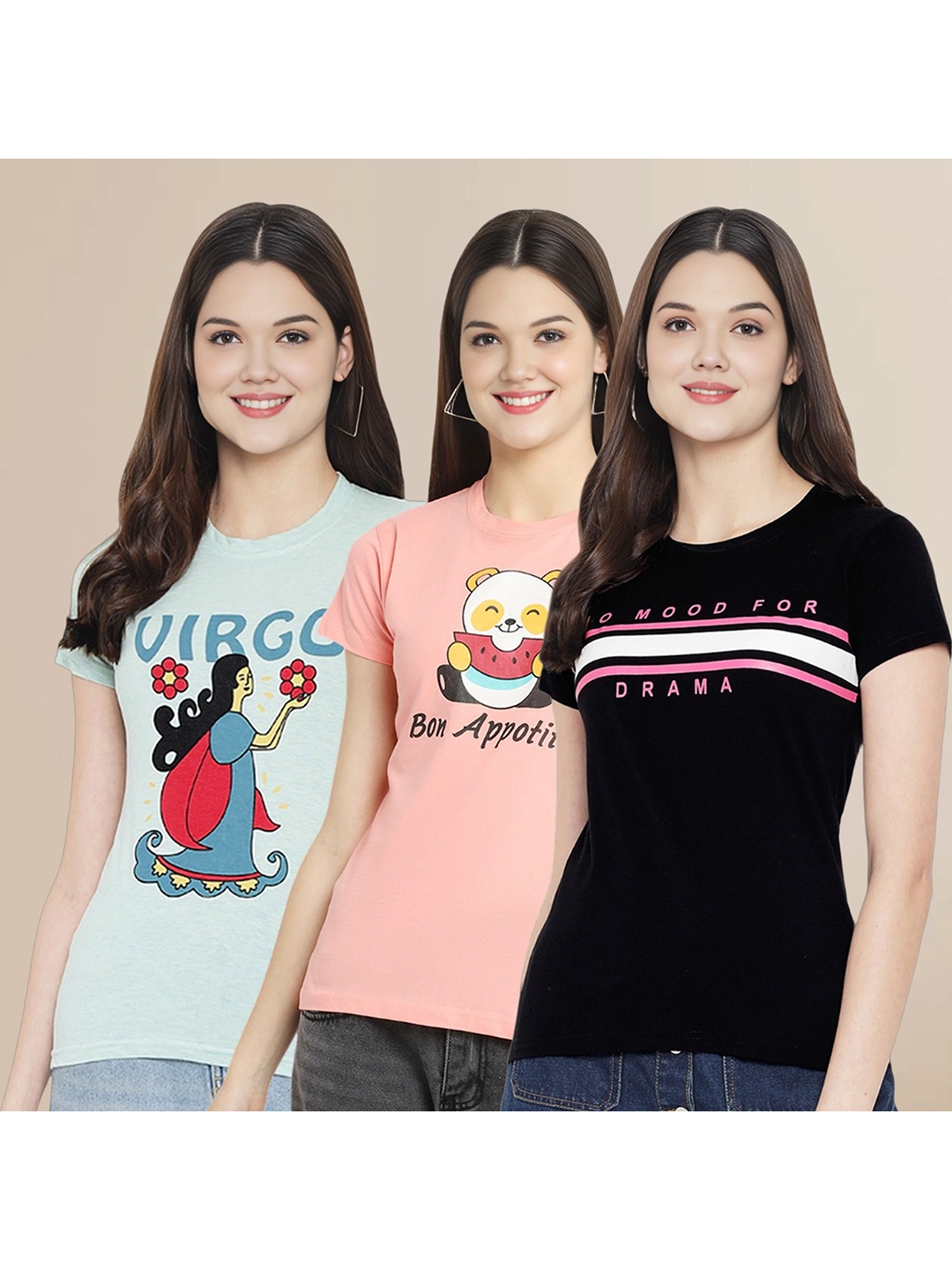 

Metronaut Women Pack Of 3 Typography Printed Round Neck Cotton T-shirts, Sea green