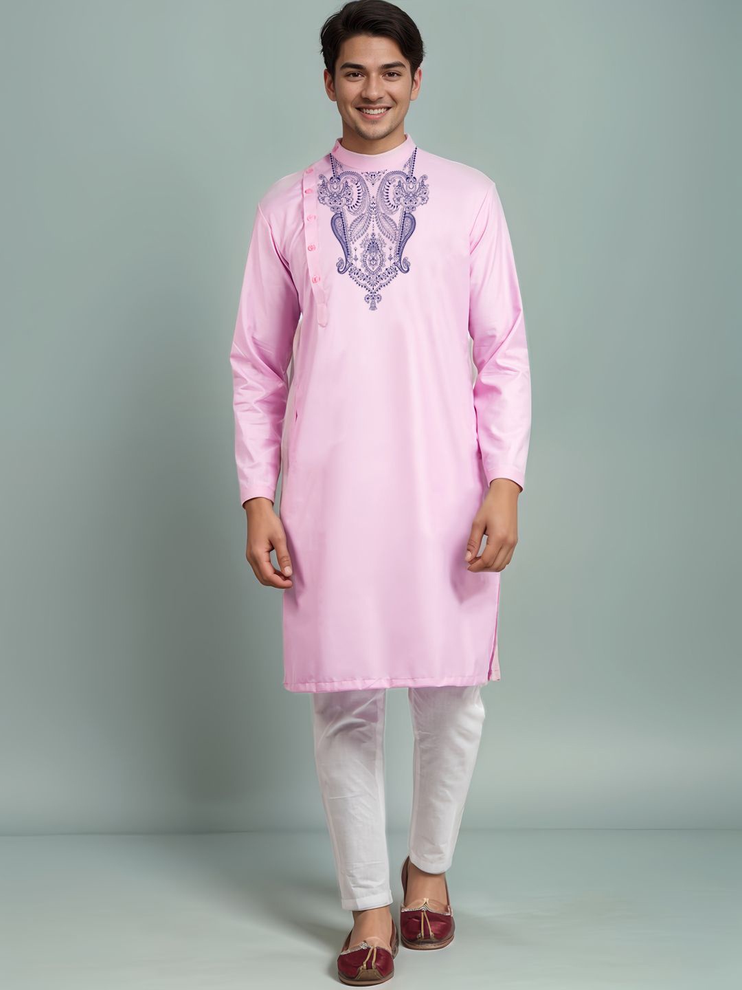 

DEVOILER Floral Printed Mandarin Collar Cotton Straight Kurta, Pink
