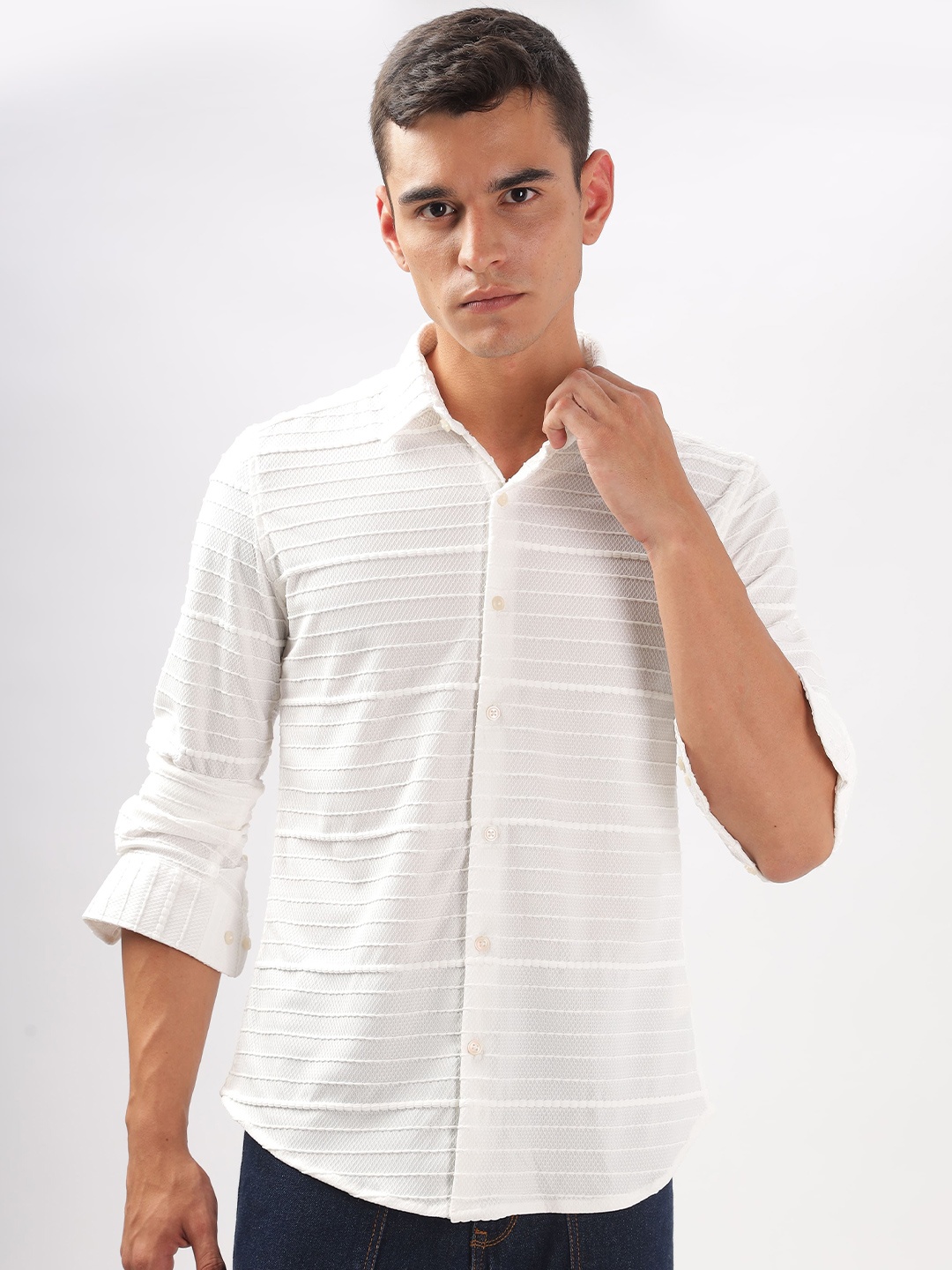 

ilyzly Men Standard Spread Collar Solid Cotton Casual Shirt, White