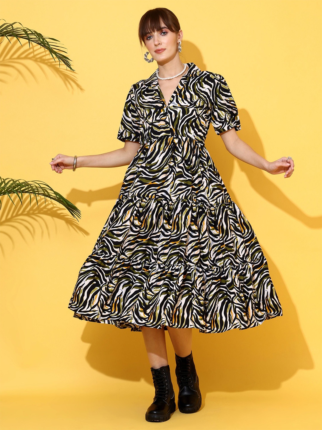 

SHEETAL Associates Women Animal Printed Short Sleeves Midi Dress, Black