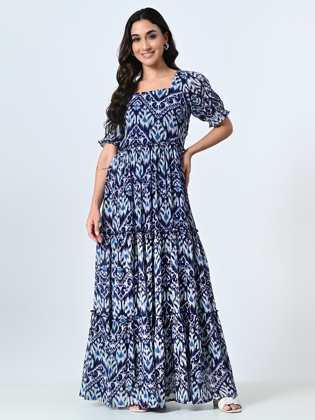 

BAESD Women Ethnic Motifs Square Neck Puff Sleeve Maxi Dress, Blue