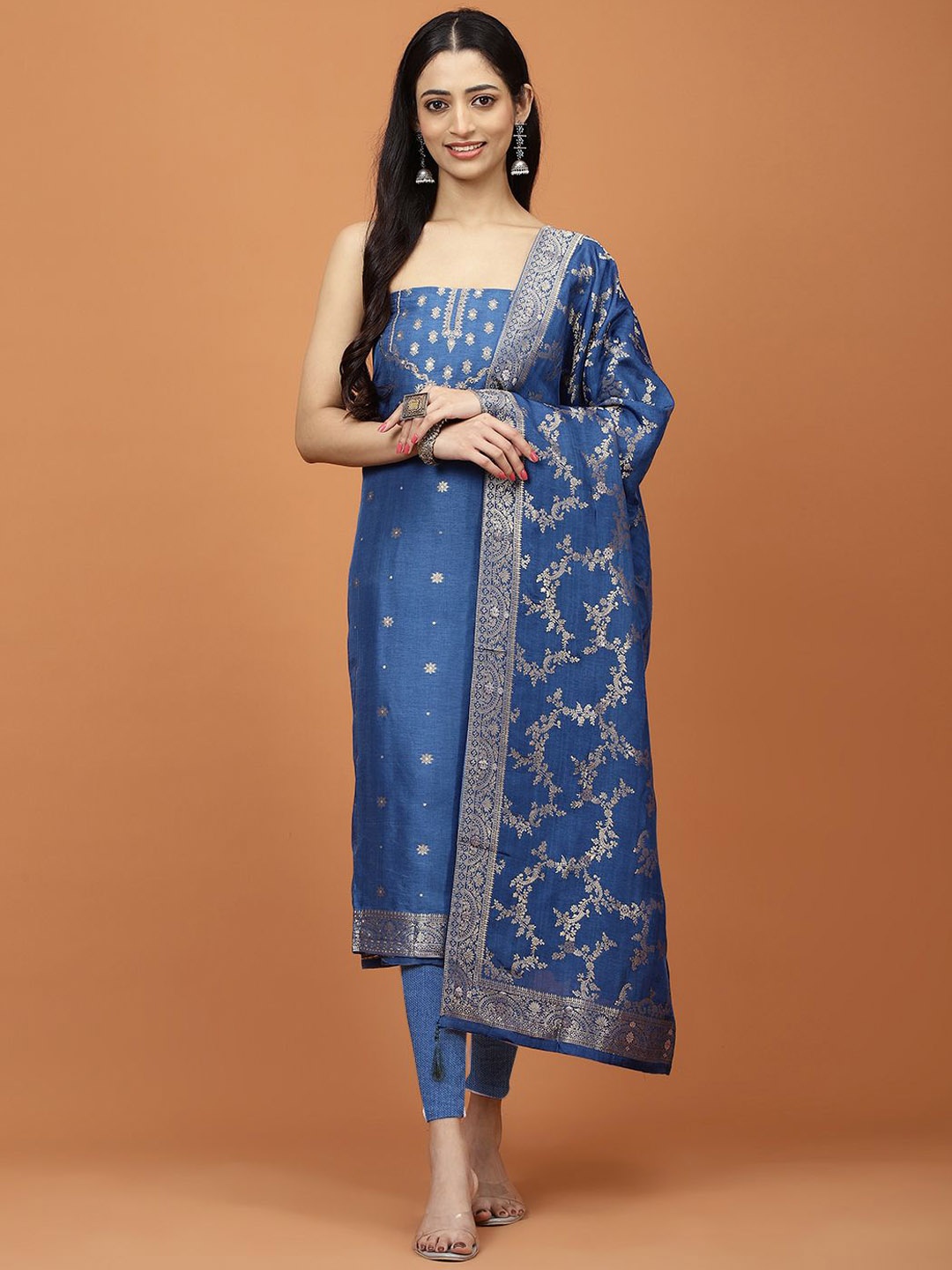 

Meena Bazaar Floral Woven Design Zari Unstitched Dress Material, Blue